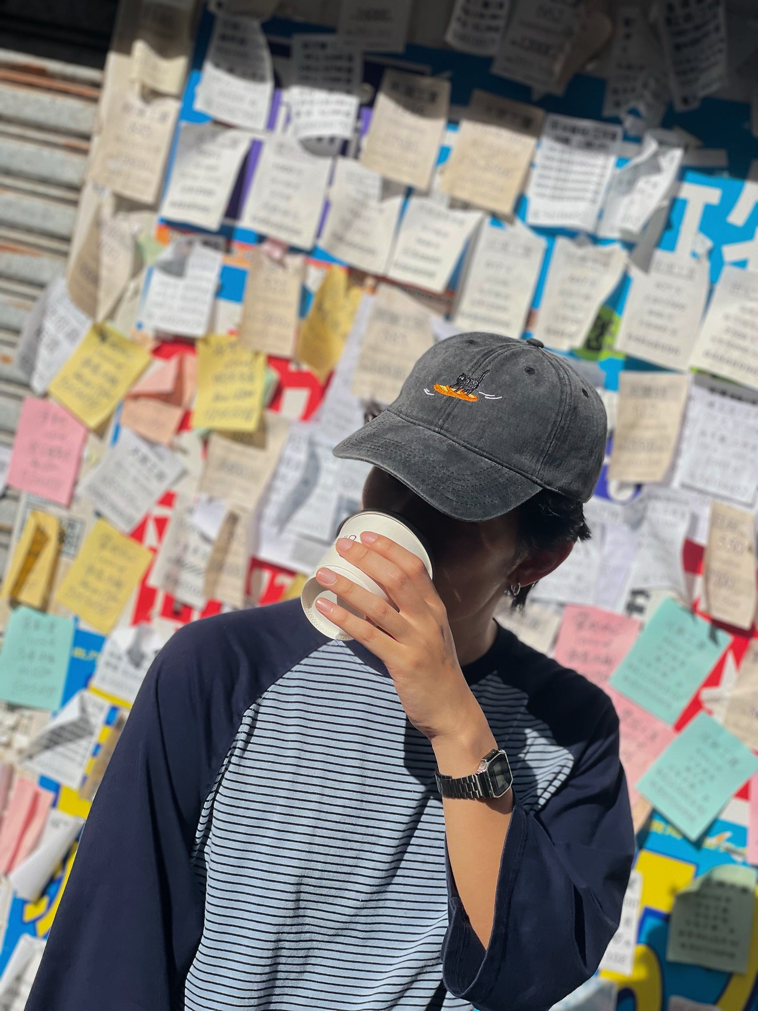 法包衝浪貓刺繡洗水灰黑色鴨舌帽